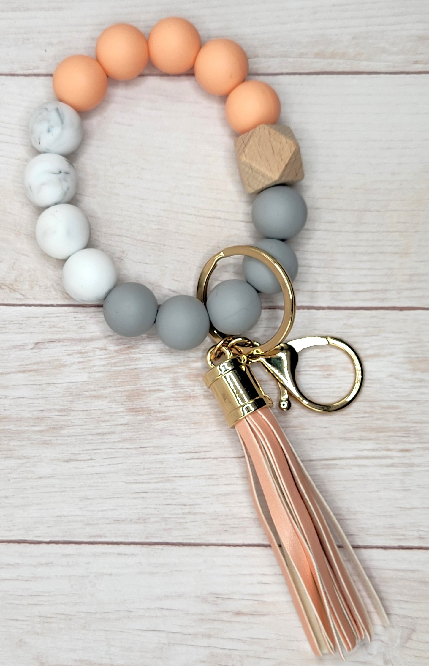 #17 Peach / Grey / Marble Silicone Wristlet Keychain w/ Tassel