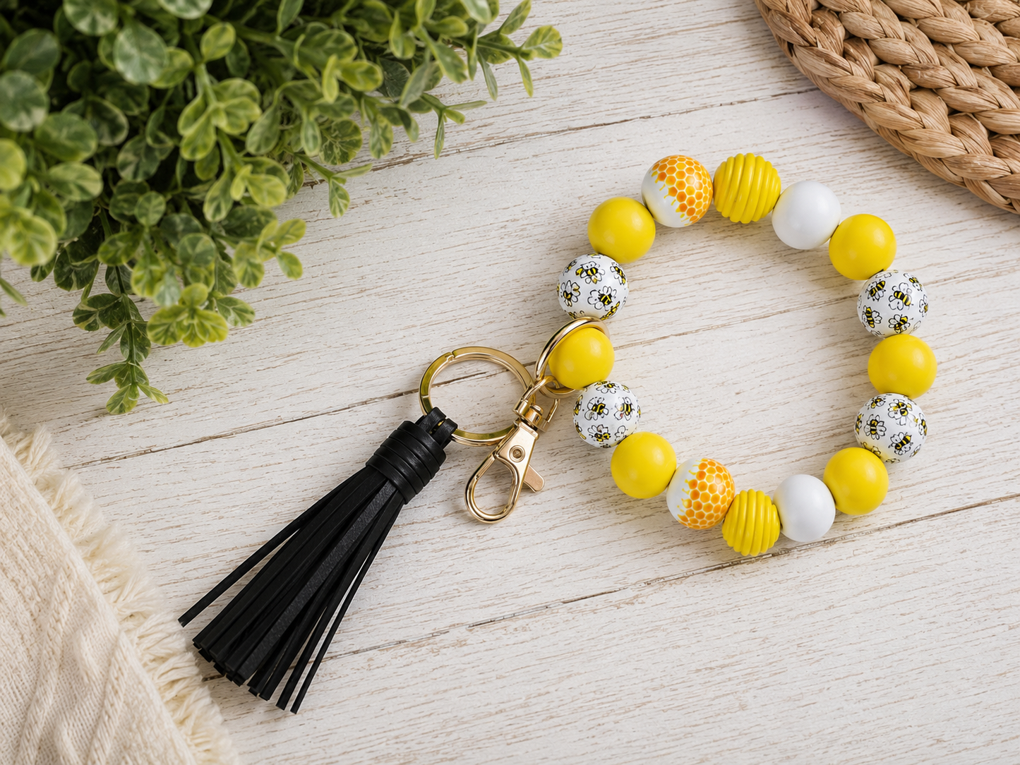 #42 Bee Wood Bead Wristlet Keychain w/ Tassel