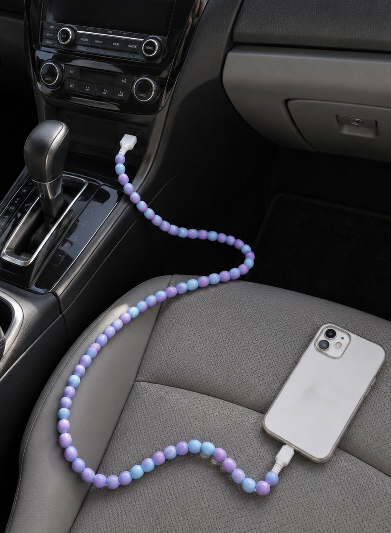Pastel Beaded 3 Ft USB Charging Cable – Light Blue & Light Purple | Type-C + Apple iPhone Connector