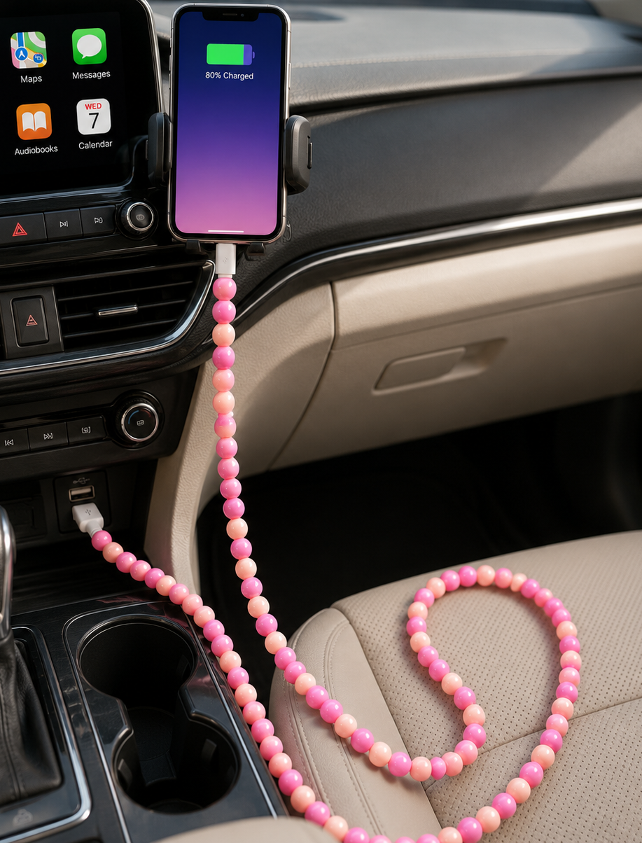 Pink & Peach Beaded 3 Ft USB Charging Cable | Type-C + Apple iPhone Connector