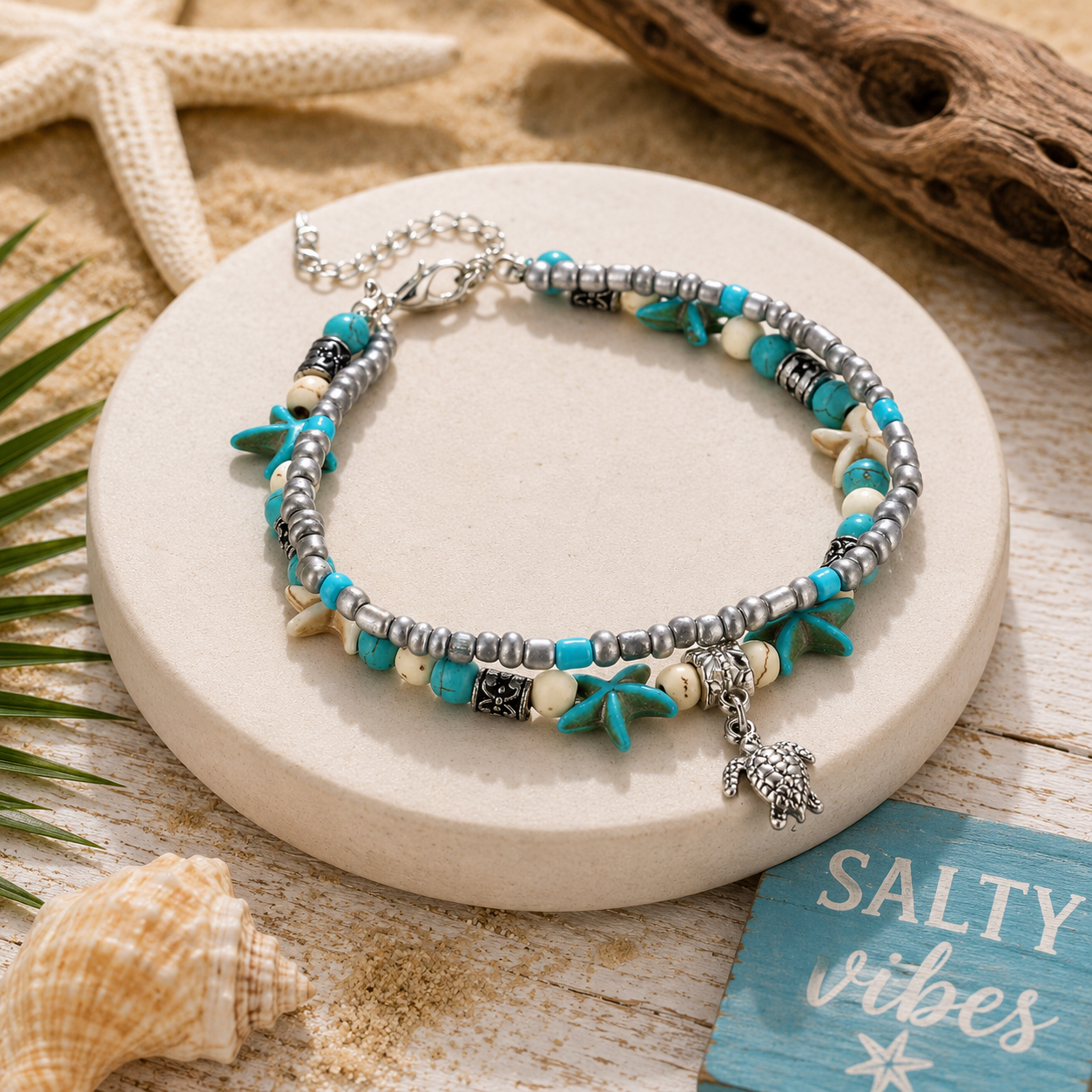 Turquoise Sea Turtle & Starfish Beach Anklet | Adjustable Coastal Charm Anklet for Women
