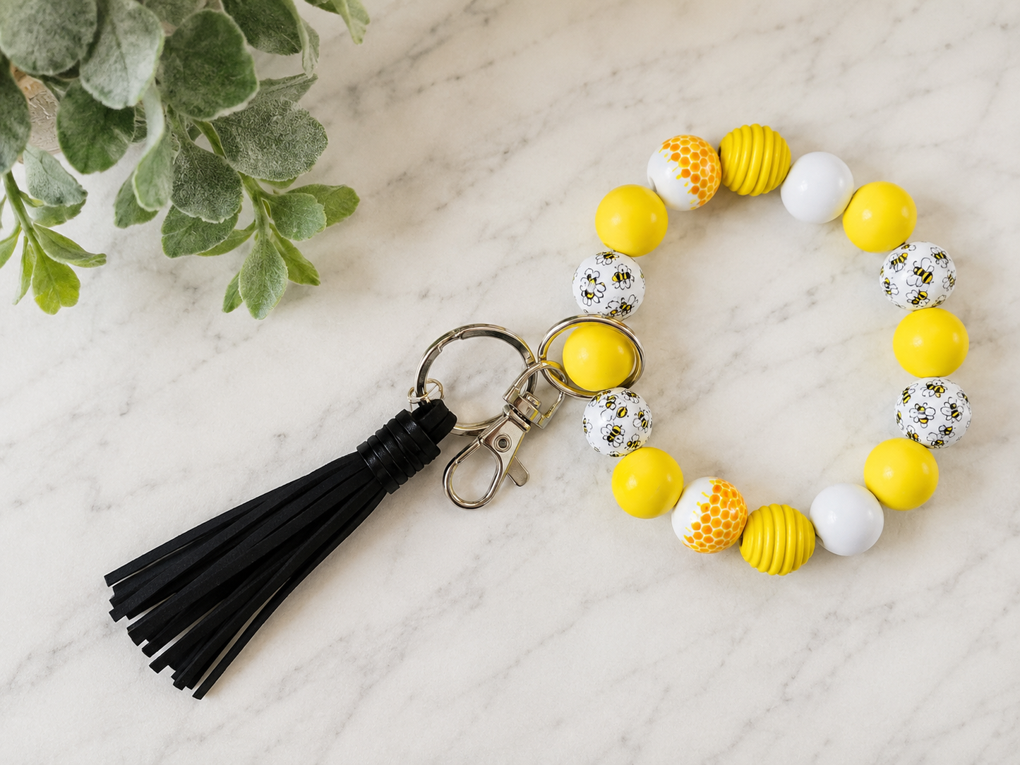 #42 Bee Wood Bead Wristlet Keychain w/ Tassel