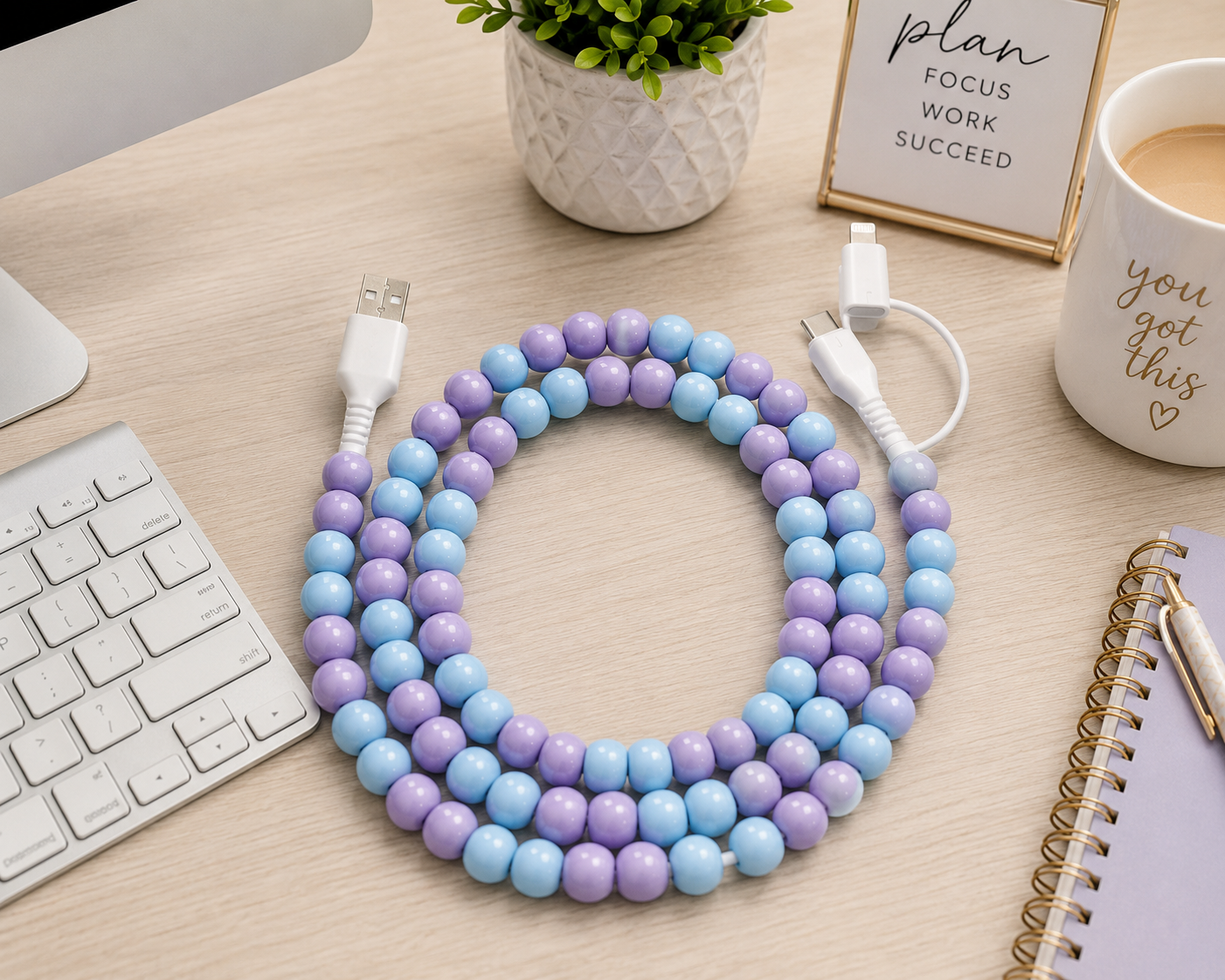 Pastel Beaded 3 Ft USB Charging Cable – Light Blue & Light Purple | Type-C + Apple iPhone Connector