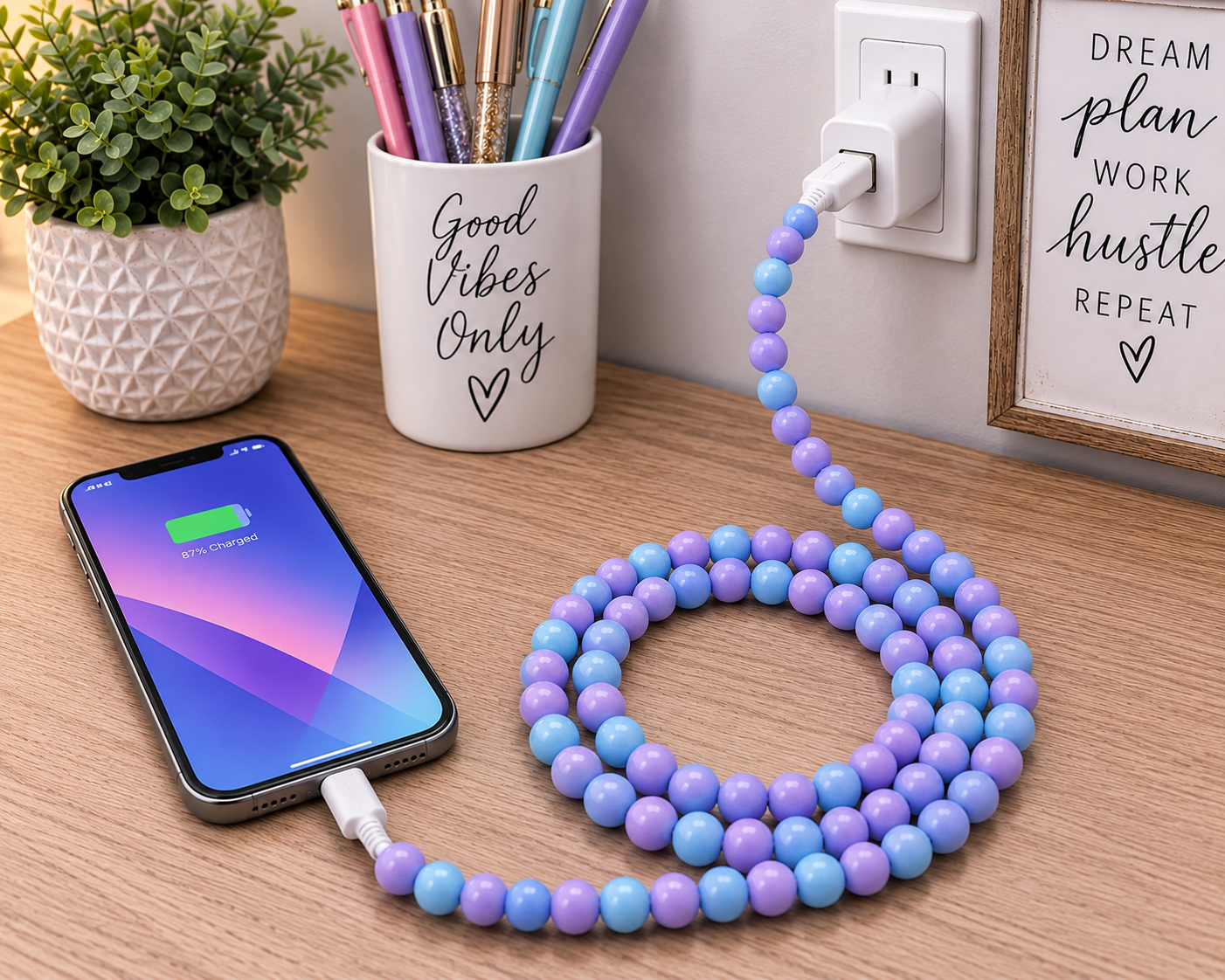 Pastel Beaded 3 Ft USB Charging Cable – Light Blue & Light Purple | Type-C + Apple iPhone Connector