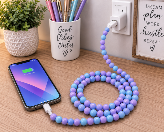 Pastel Beaded 3 Ft USB Charging Cable – Light Blue & Light Purple | Type-C + Apple iPhone Connector