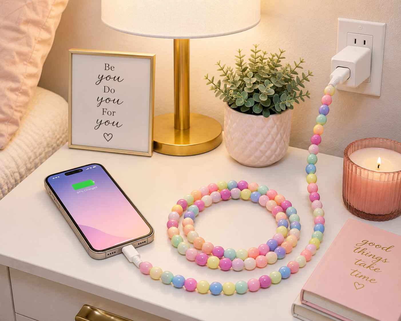 Multi Color Beaded 3 Ft USB Charging Cable – Multi Pastel | Type-C + Apple iPhone Connector