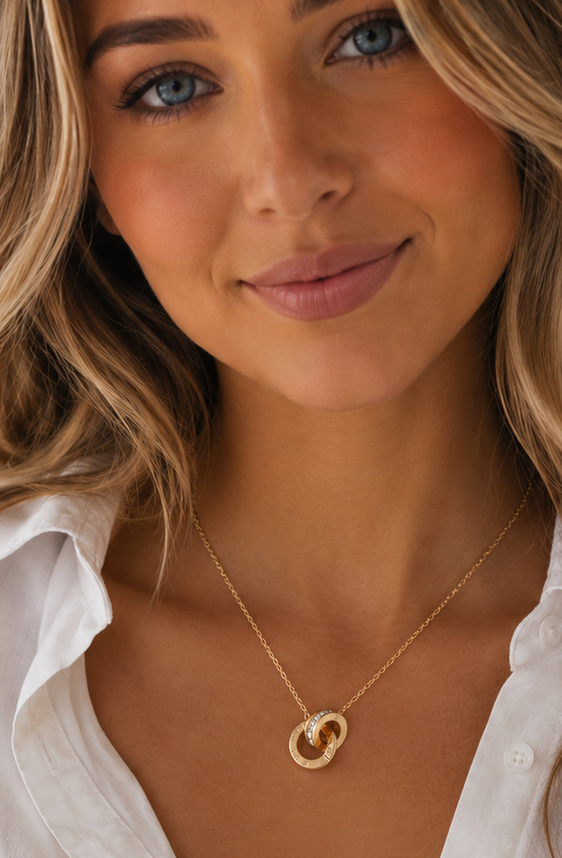 Interlocking Roman Numeral Ring Pendant Necklace | Stainless Steel PVD Waterproof CZ Inlay | Gold or Silver | 16" + Extender