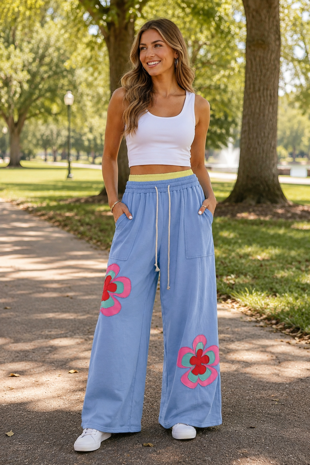 Retro Floral Wide Leg Drawstring Lounge Pants with Pockets | Women's Casual Statement Pants