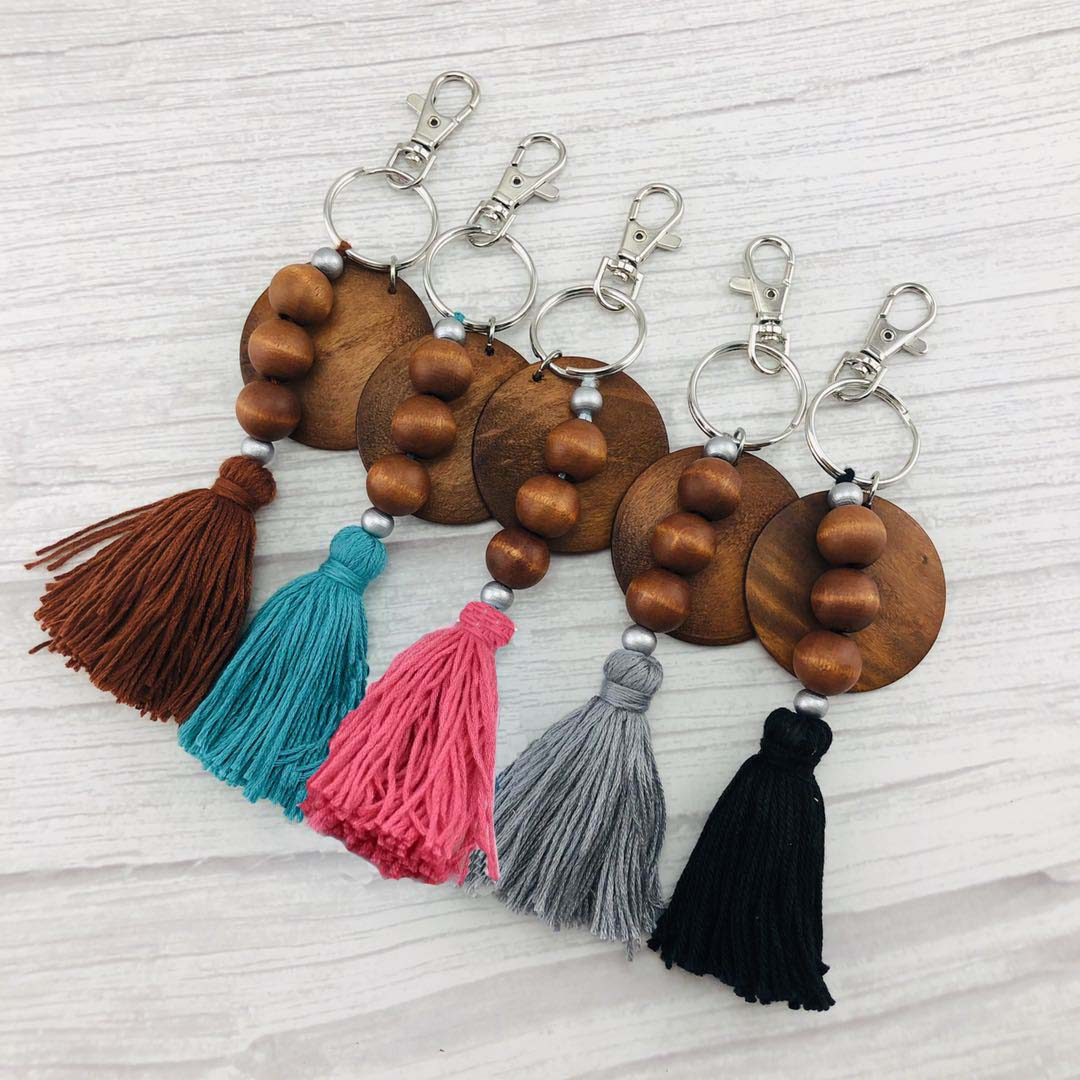 Wood Bead Disc Keychain
