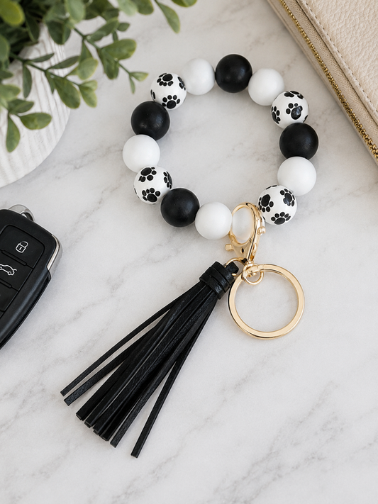 #40 Paw Print Wood Bead Wristlet Keychain w/ Tassel