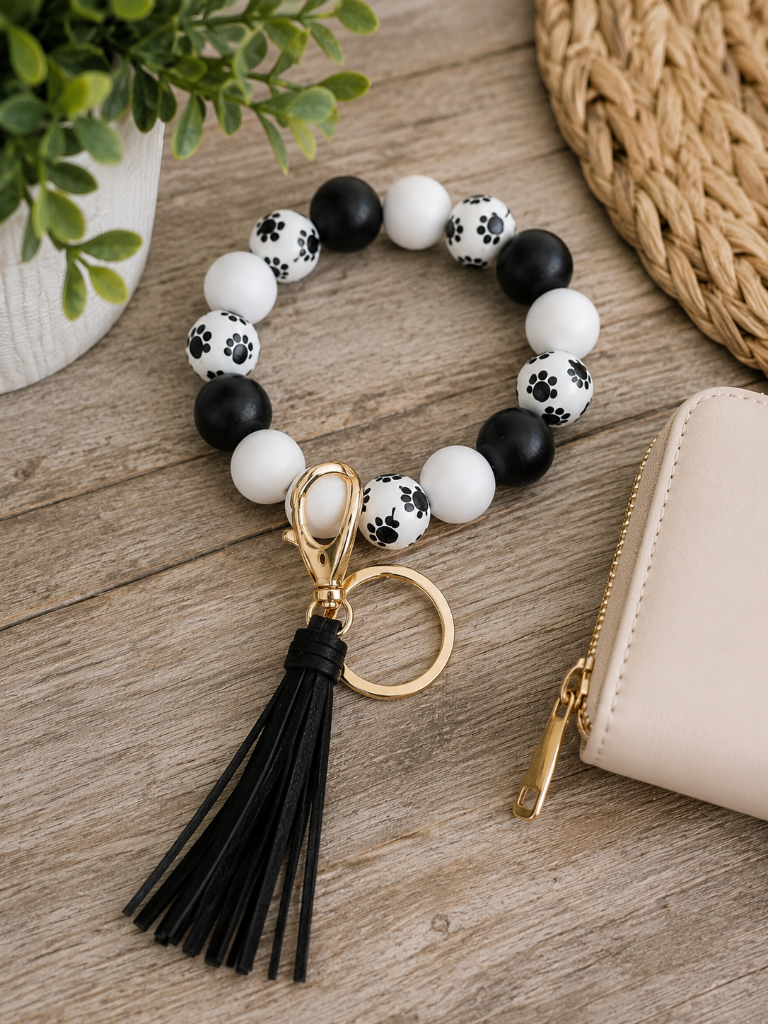 #40 Paw Print Wood Bead Wristlet Keychain w/ Tassel