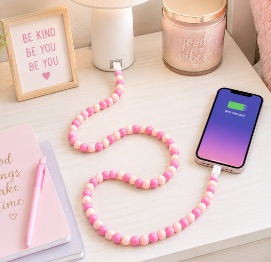 Pink & Peach Beaded 3 Ft USB Charging Cable | Type-C + Apple iPhone Connector