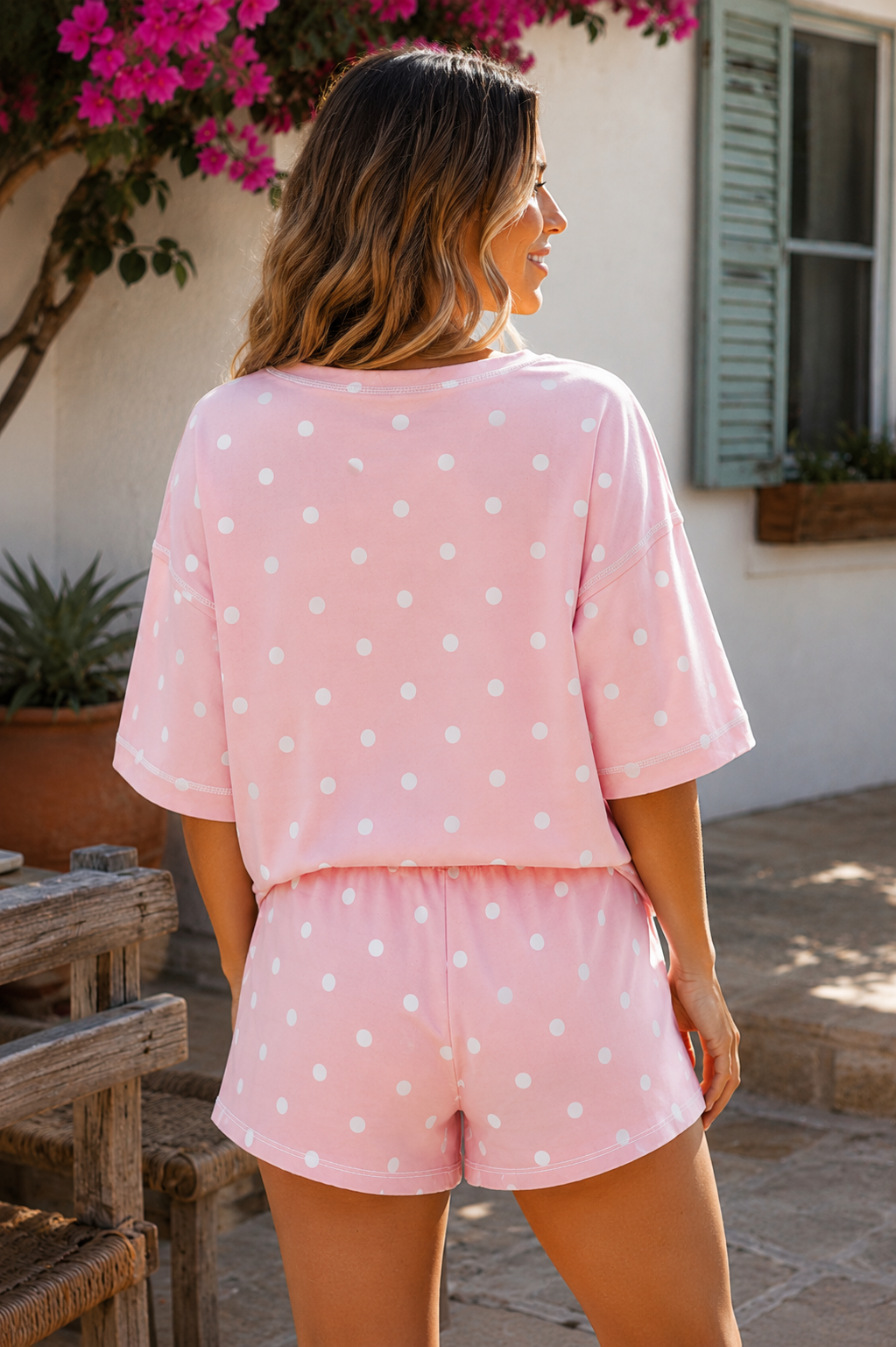Blush Pink Polka Dot Lounge Set | Oversized Tee & Drawstring Shorts