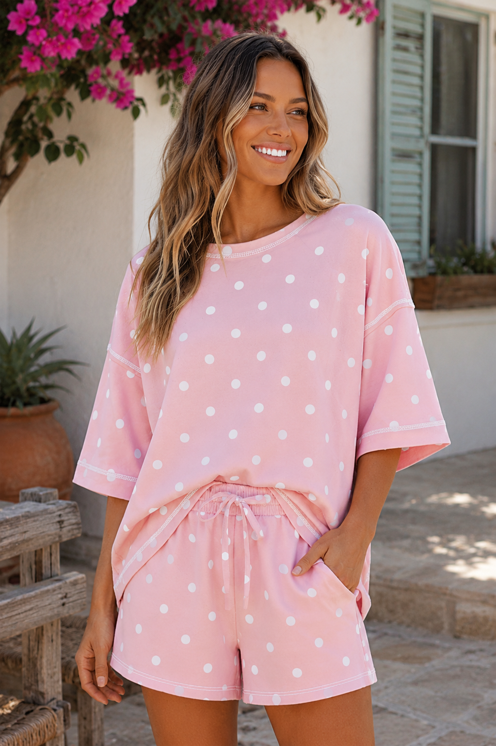 Blush Pink Polka Dot Lounge Set | Oversized Tee & Drawstring Shorts