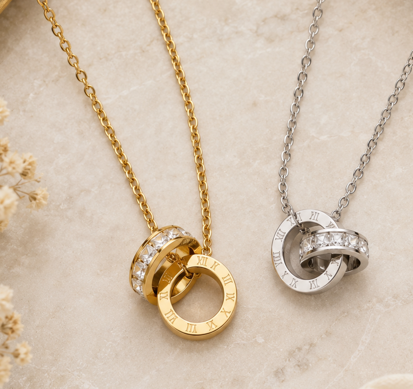 Interlocking Roman Numeral Ring Pendant Necklace | Stainless Steel PVD Waterproof CZ Inlay | Gold or Silver | 16" + Extender