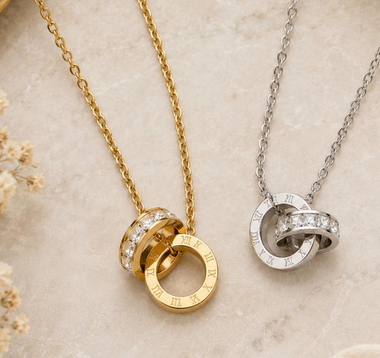 Interlocking Roman Numeral Ring Pendant Necklace | Stainless Steel PVD Waterproof CZ Inlay | Gold or Silver | 16" + Extender