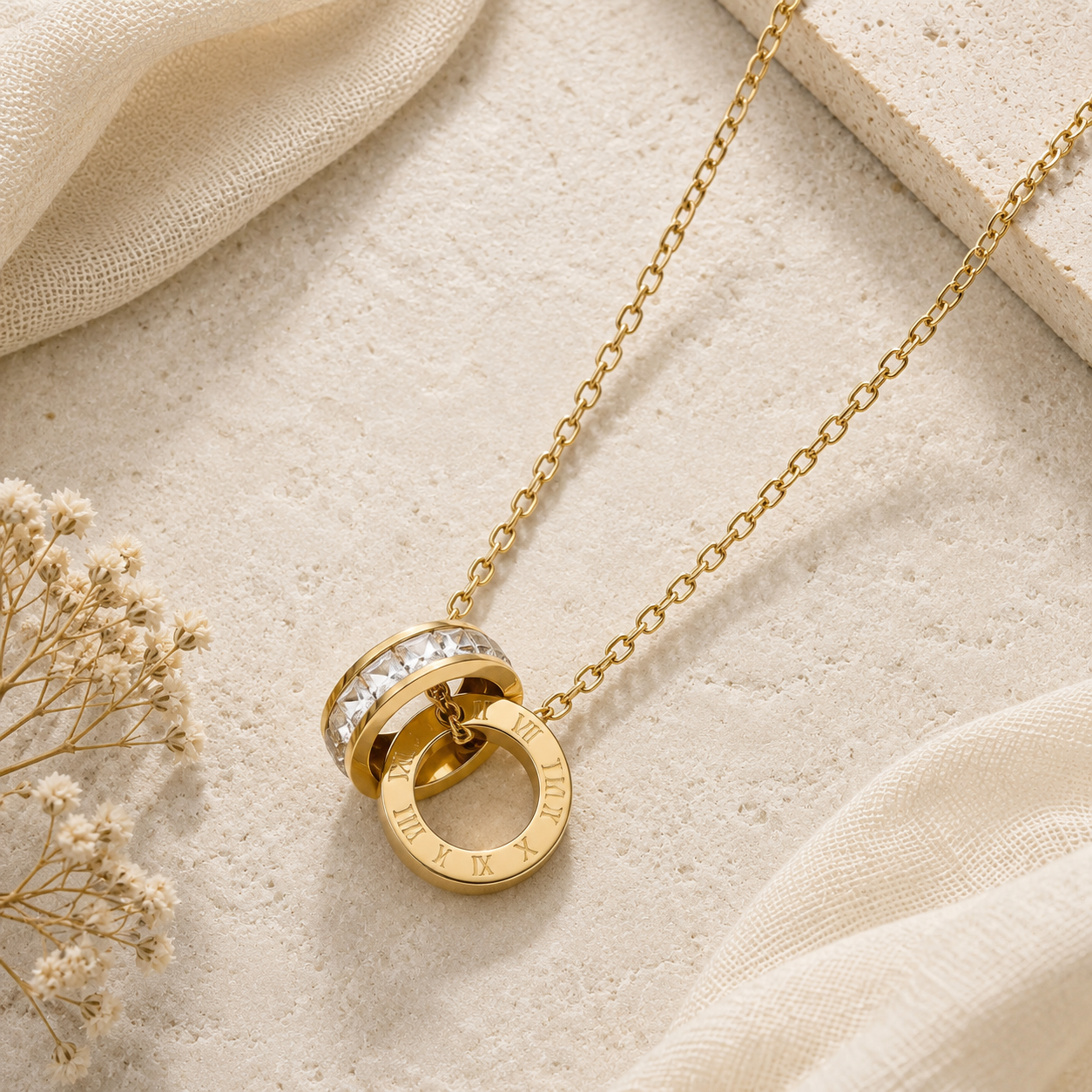 Interlocking Roman Numeral Ring Pendant Necklace | Stainless Steel PVD Waterproof CZ Inlay | Gold or Silver | 16" + Extender