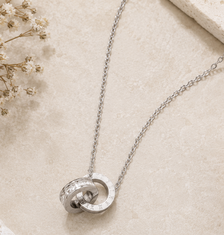 Interlocking Roman Numeral Ring Pendant Necklace | Stainless Steel PVD Waterproof CZ Inlay | Gold or Silver | 16" + Extender