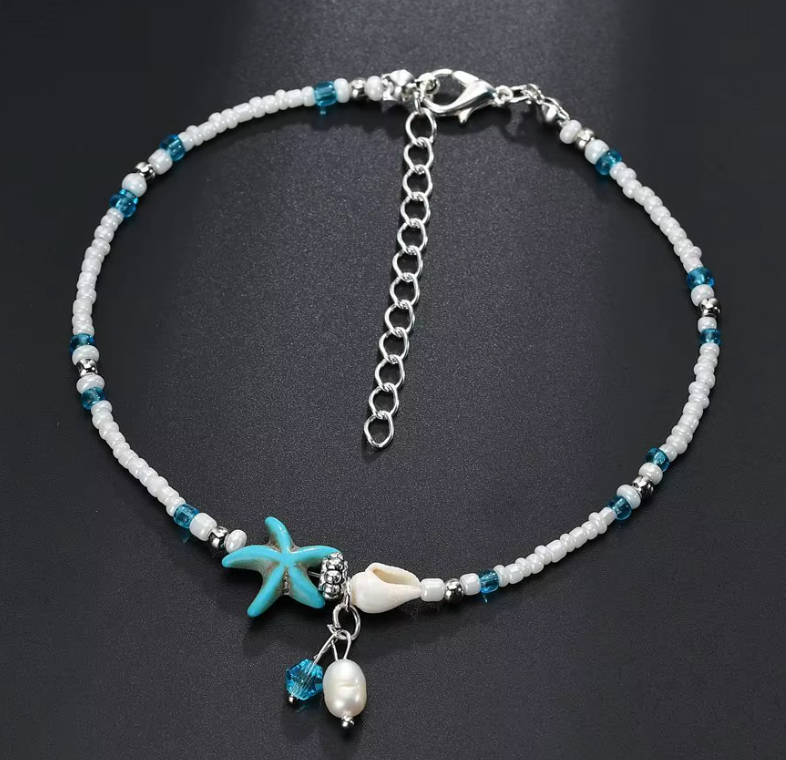 Coastal Starfish & Pearl Beaded Anklet | White Seed Bead Beach Anklet with 2.3" Extender