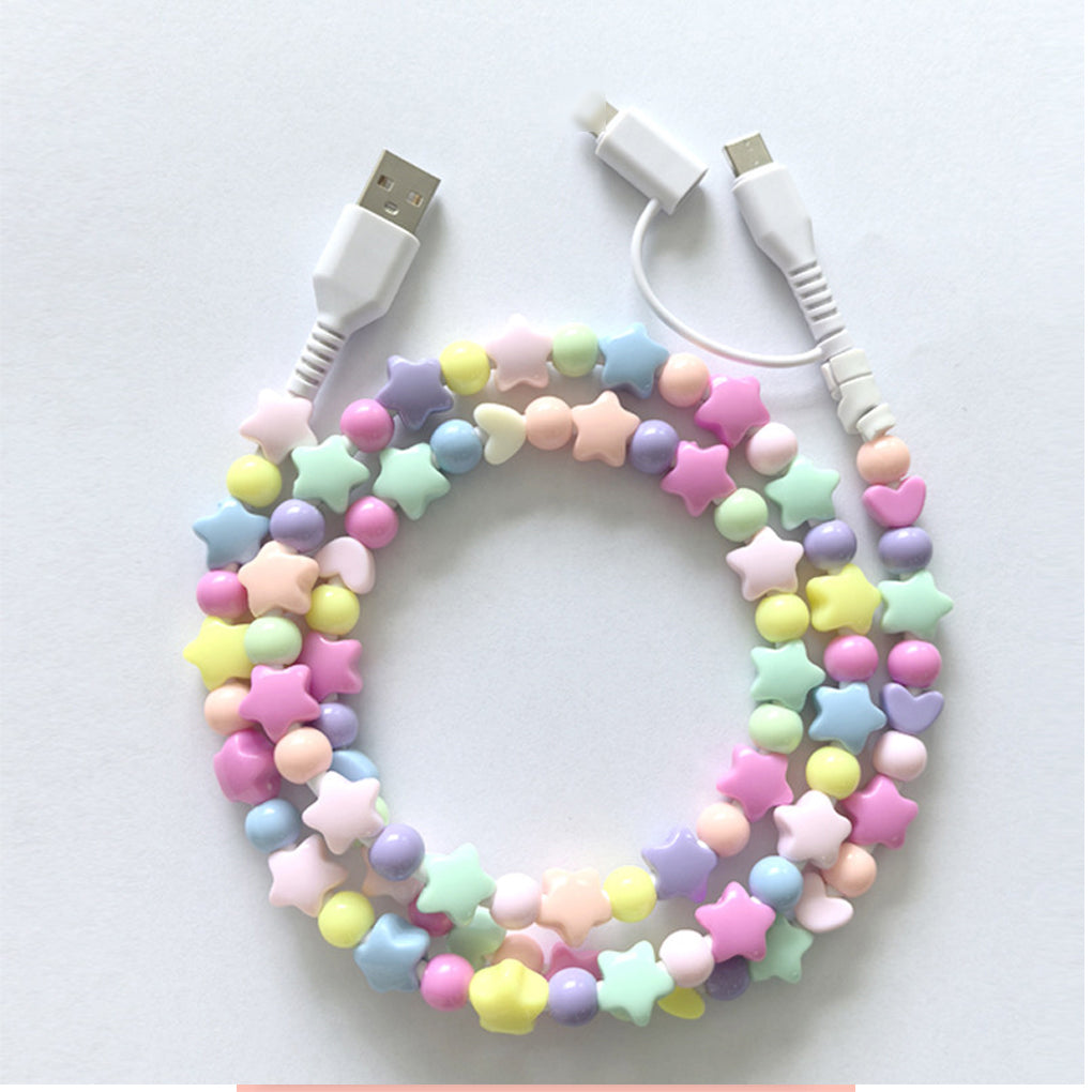 Pastel Stars Beaded 3 Ft USB Charging Cable | Type-C + Apple iPhone Connector