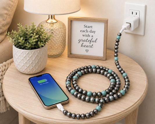 Turquoise & Silver Beaded 3 Ft USB Charging Cable | Type-C + Apple iPhone Connector