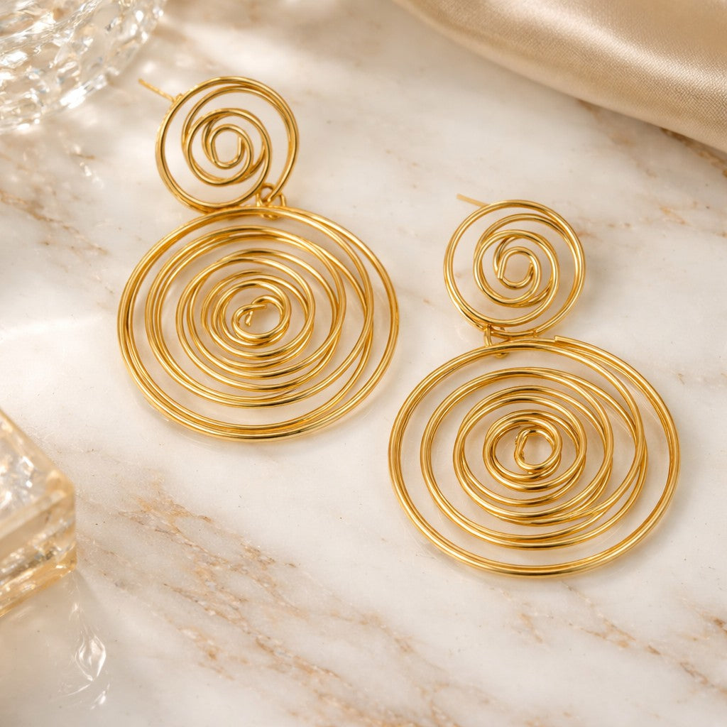 Valencia Swirl Gold Statement Earrings – 18K Gold Plated Stainless Steel Spiral Drop Earrings